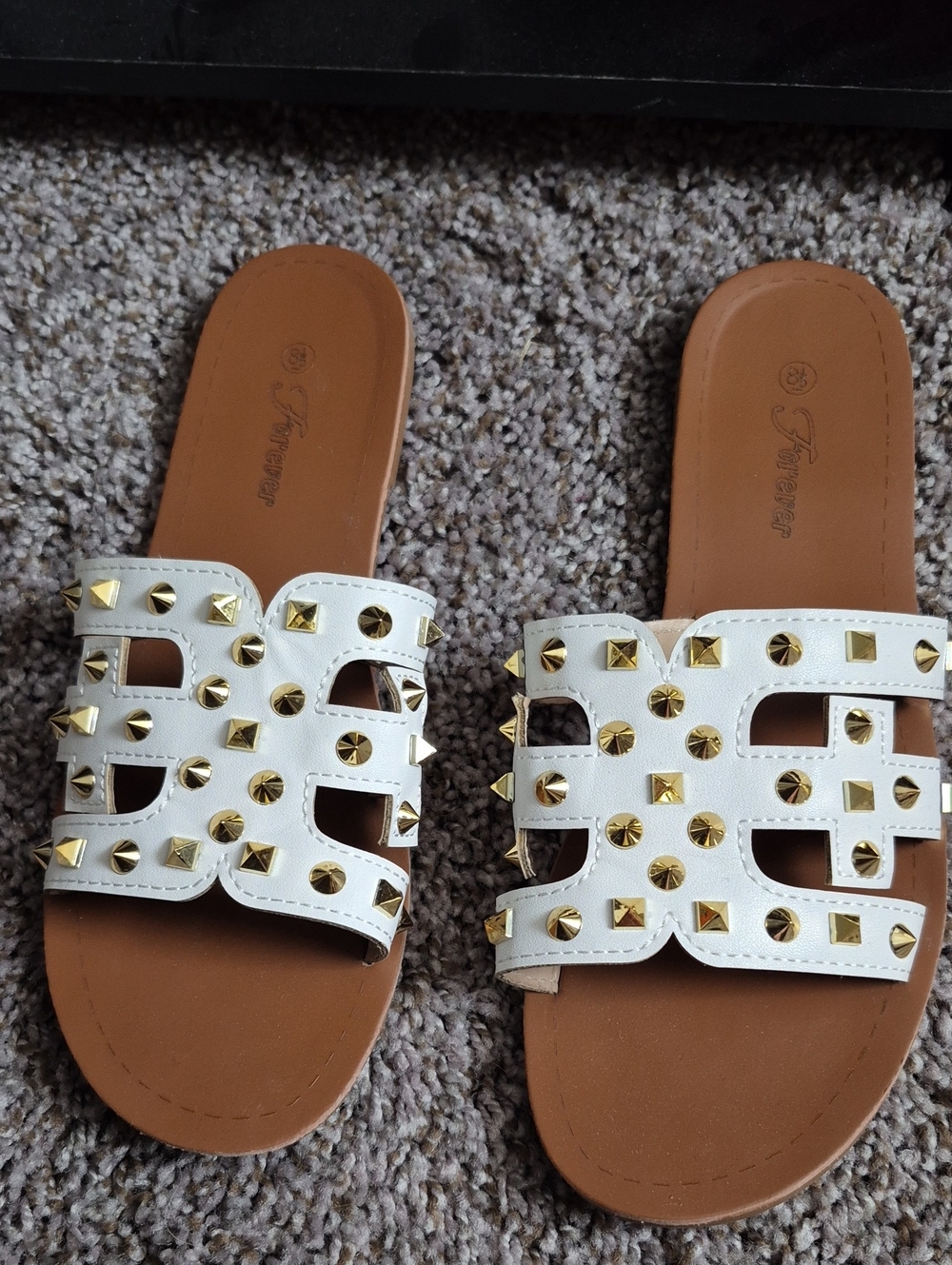 Forever 21 White Slide Sandals with Gold Stud Accents
